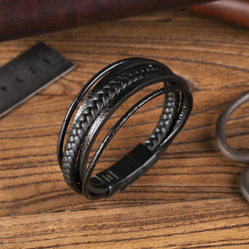 Murtoo Mens Leather Bracelet with Clasp Cowhide Multi-Layer Braided Leather Mens Bracelet - Image 4